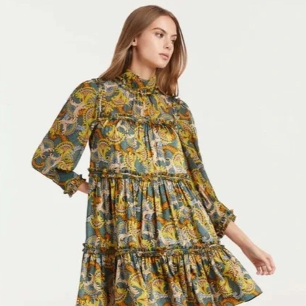 Cinq a Sept Brady Mini Dress High Neck Tiered Eucalyptus Multicolored size 4